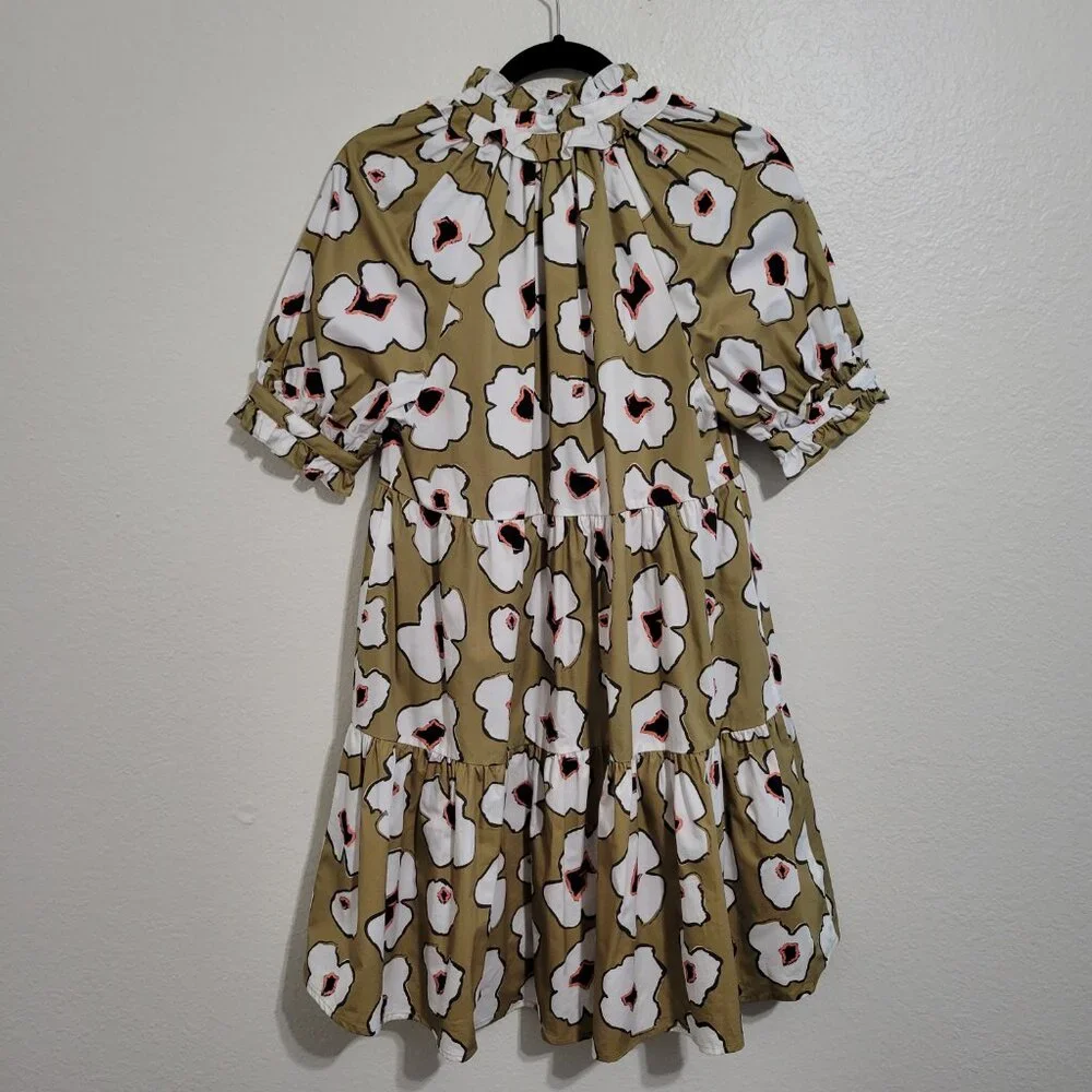 Crosby Isabelle Green Yellow Floral Print Puff Sleeve Tiered Mini Dress Size XS - Picture 5 of 8